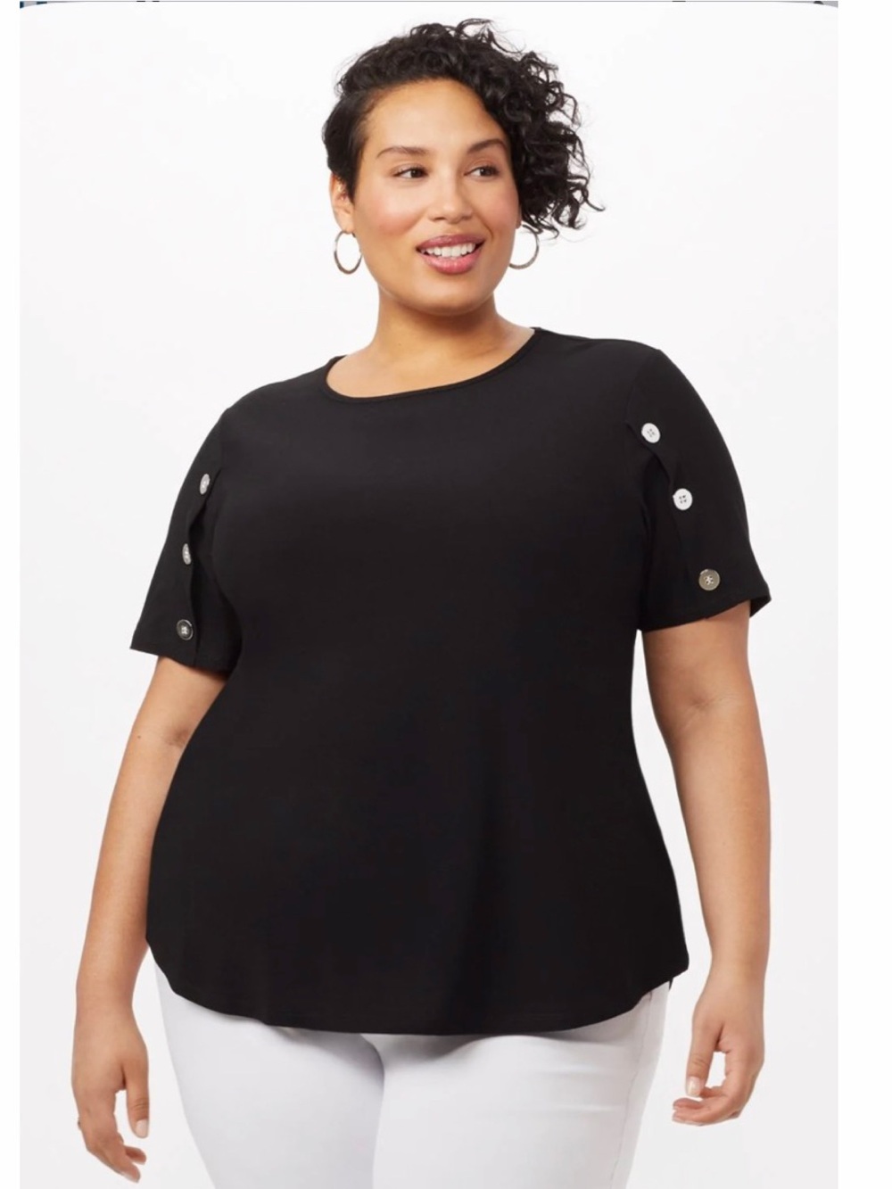 89th & Madison Black Short Sleeve Top with Button Accents